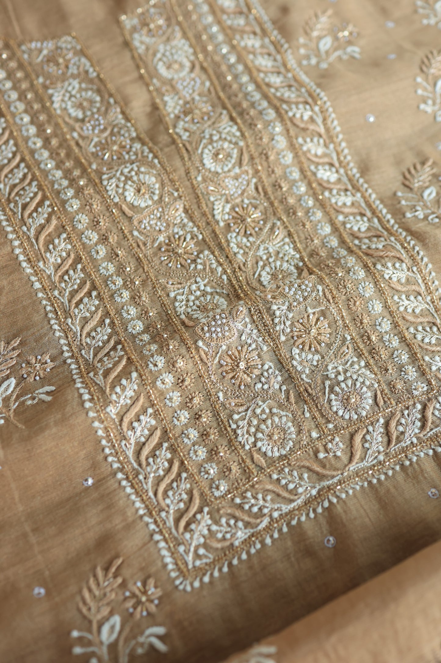 Camel Beige Roheen Tissue Silk Chikankari Unstitched Fabric