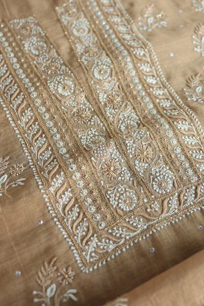 Camel Beige Roheen Tissue Silk Chikankari Unstitched Fabric
