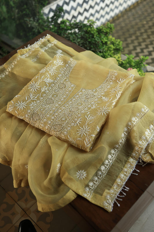 Camel Yellow Noor Organza Banarasi Silk Chikankari Unstitched Kurta Dupatta Set