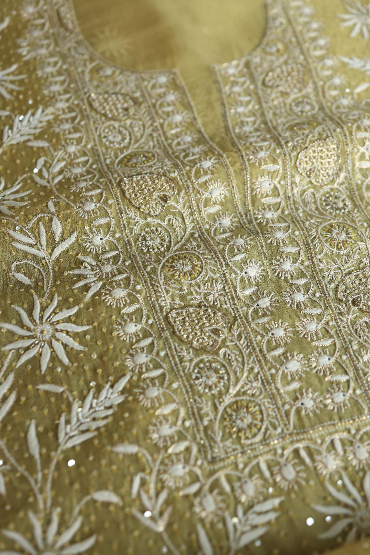 Camel Yellow Noor Organza Banarasi Silk Chikankari Unstitched Kurta Dupatta Set