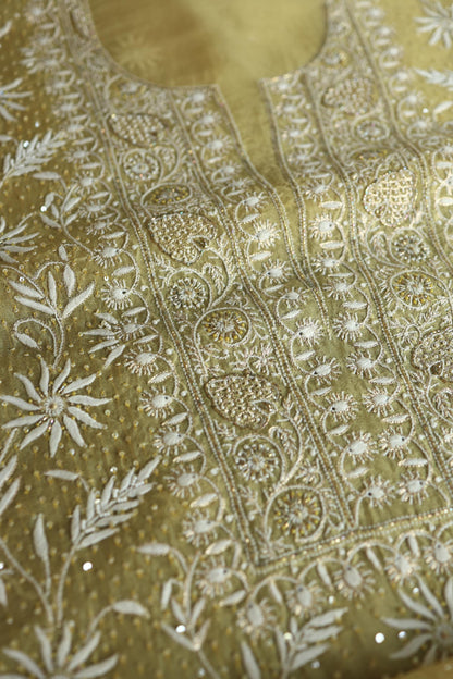 Camel Yellow Noor Organza Banarasi Silk Chikankari Unstitched Kurta Dupatta Set