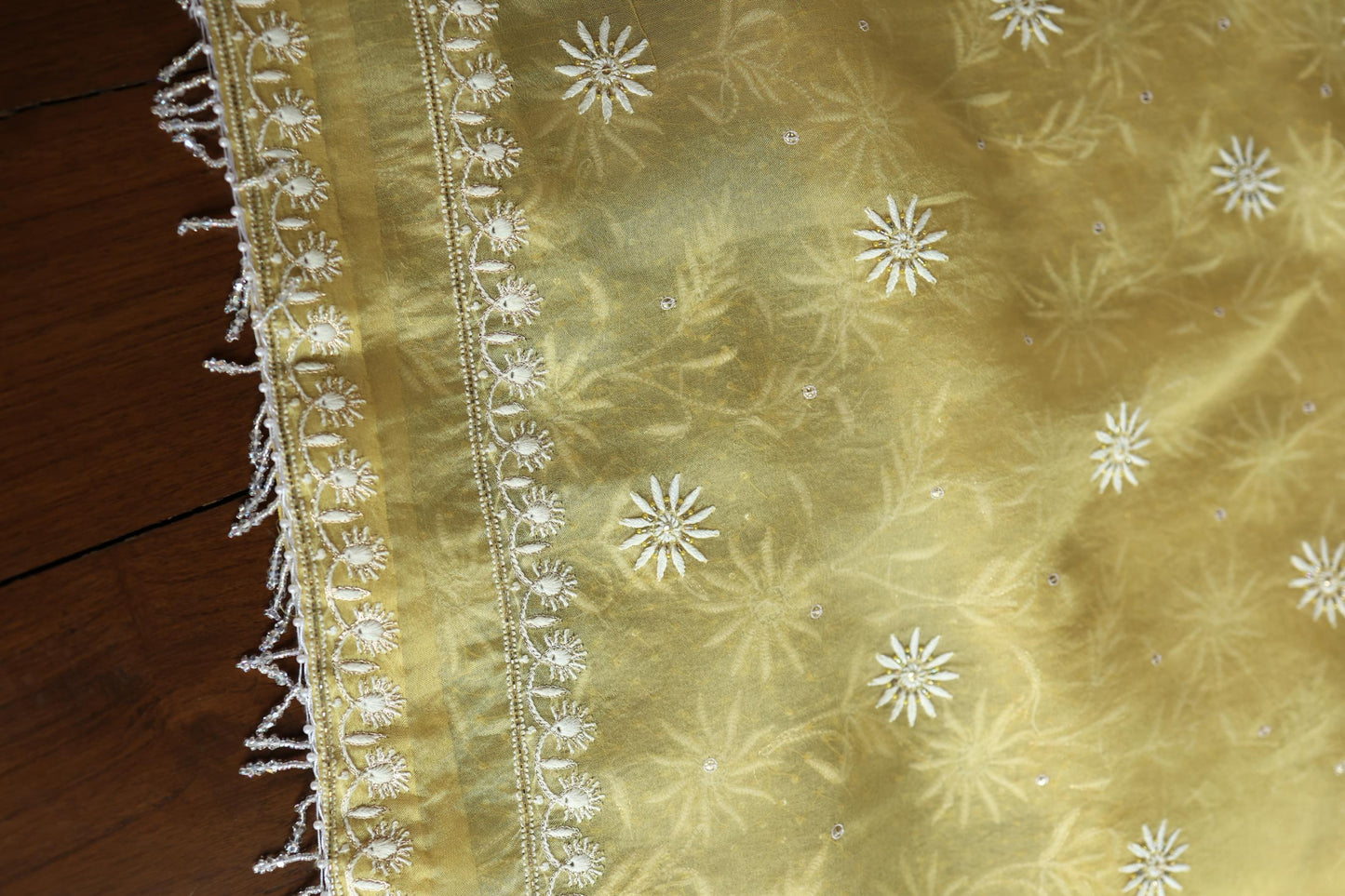 Camel Yellow Noor Organza Banarasi Silk Chikankari Unstitched Kurta Dupatta Set