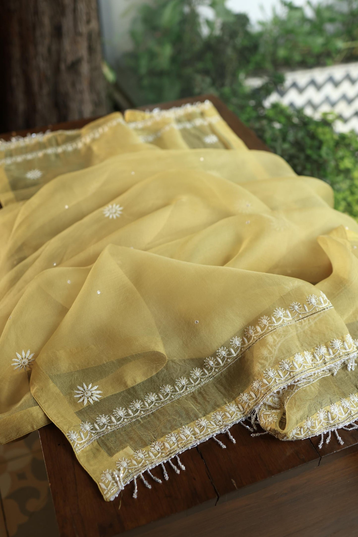 Camel Yellow Noor Organza Banarasi Silk Chikankari Unstitched Kurta Dupatta Set
