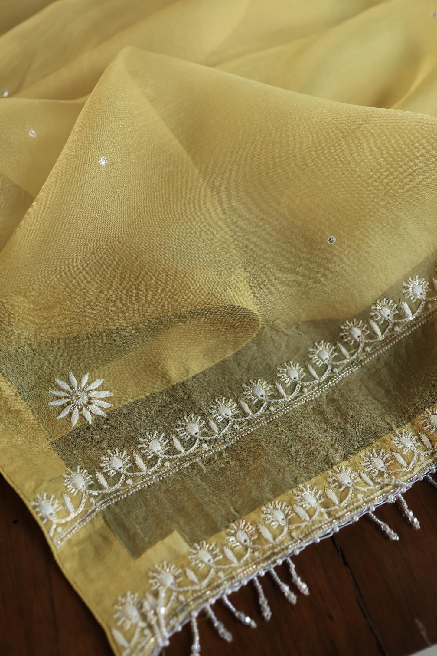 Camel Yellow Noor Organza Banarasi Silk Chikankari Unstitched Kurta Dupatta Set