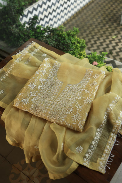 Camel Yellow Noor Organza Banarasi Silk Chikankari Unstitched Kurta Dupatta Set