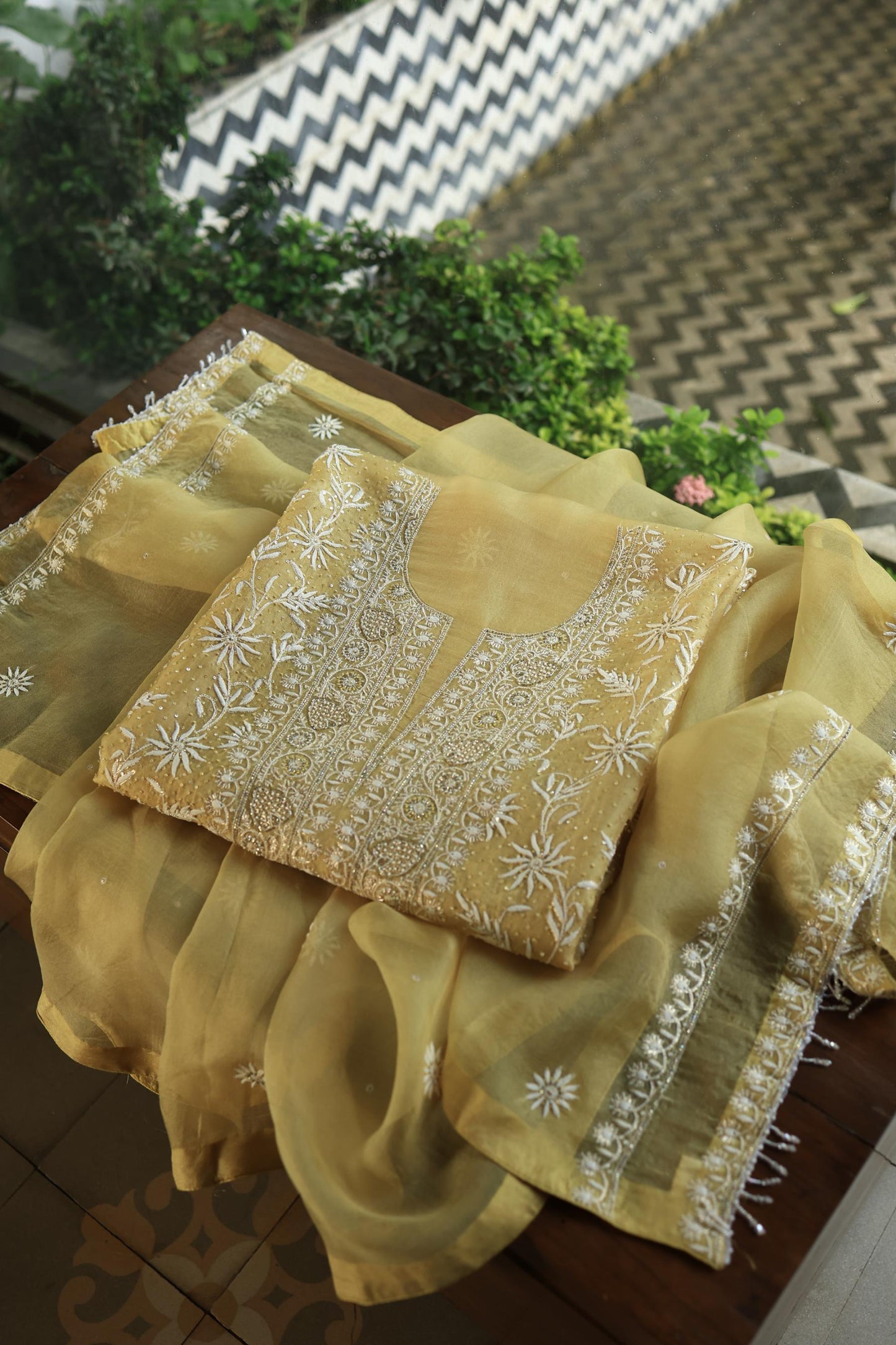Camel Yellow Noor Organza Banarasi Silk Chikankari Unstitched Kurta Dupatta Set