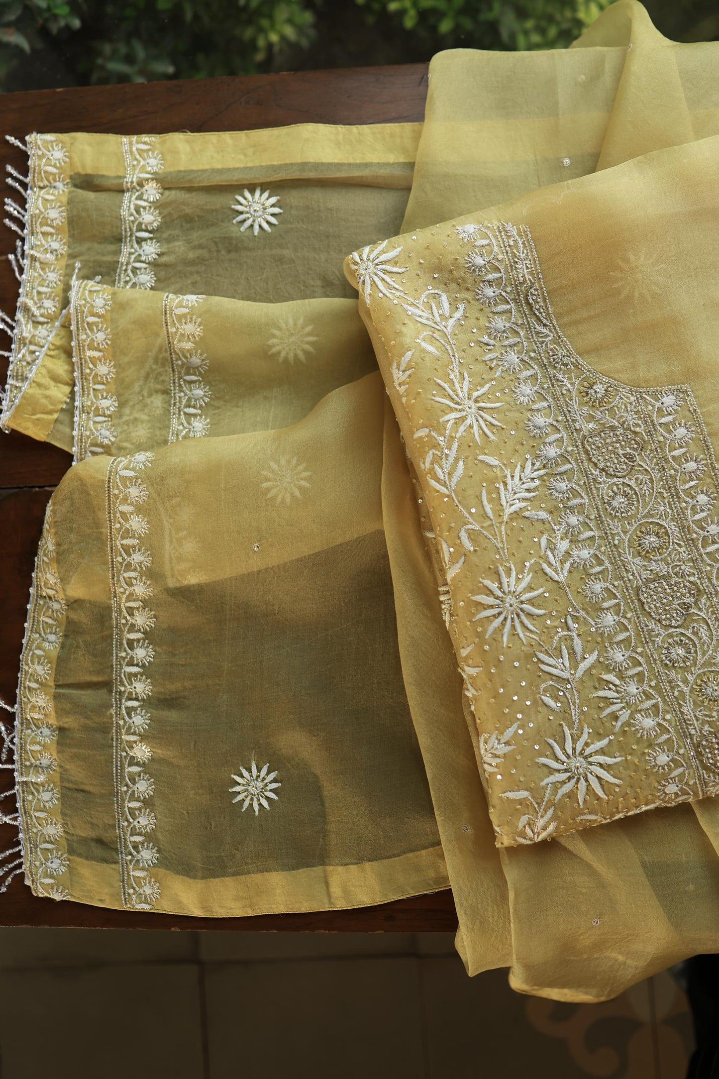 Camel Yellow Noor Organza Banarasi Silk Chikankari Unstitched Kurta Dupatta Set