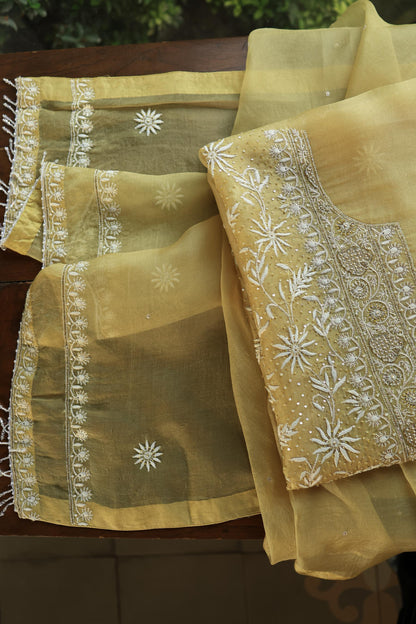 Camel Yellow Noor Organza Banarasi Silk Chikankari Unstitched Kurta Dupatta Set