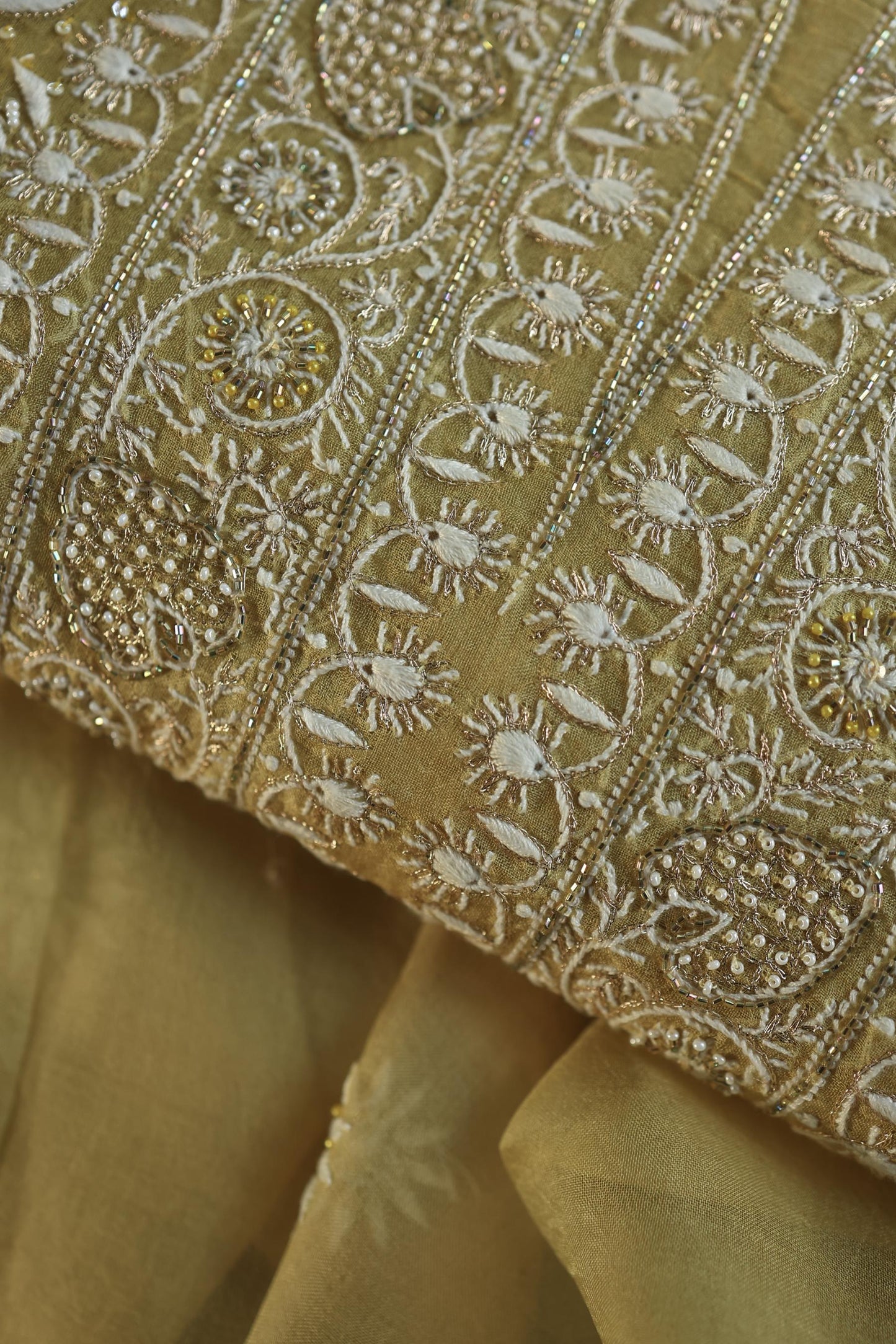 Camel Yellow Noor Organza Banarasi Silk Chikankari Unstitched Kurta Dupatta Set