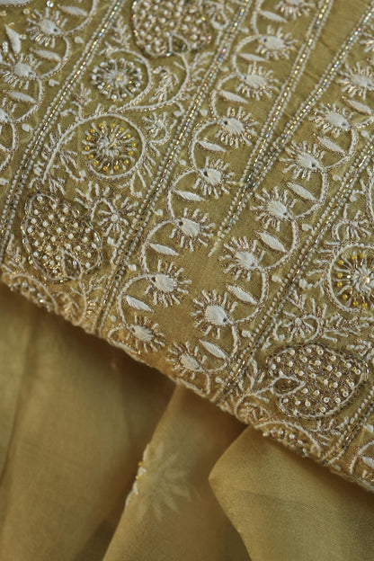 Camel Yellow Noor Organza Banarasi Silk Chikankari Unstitched Kurta Dupatta Set