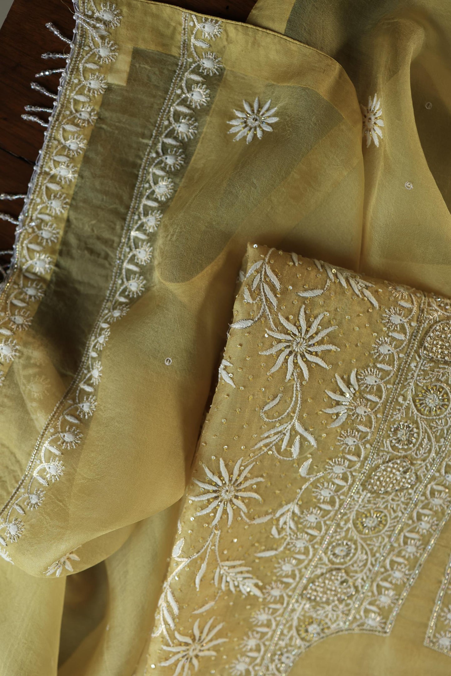 Camel Yellow Noor Organza Banarasi Silk Chikankari Unstitched Kurta Dupatta Set