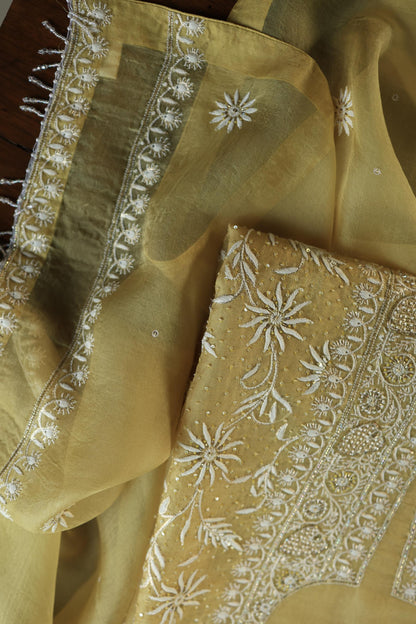 Camel Yellow Noor Organza Banarasi Silk Chikankari Unstitched Kurta Dupatta Set