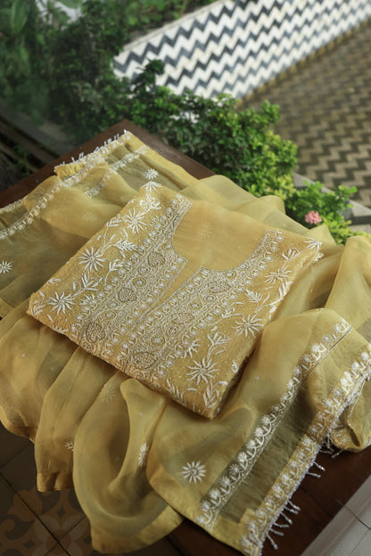 Camel Yellow Noor Organza Banarasi Silk Chikankari Unstitched Kurta Dupatta Set