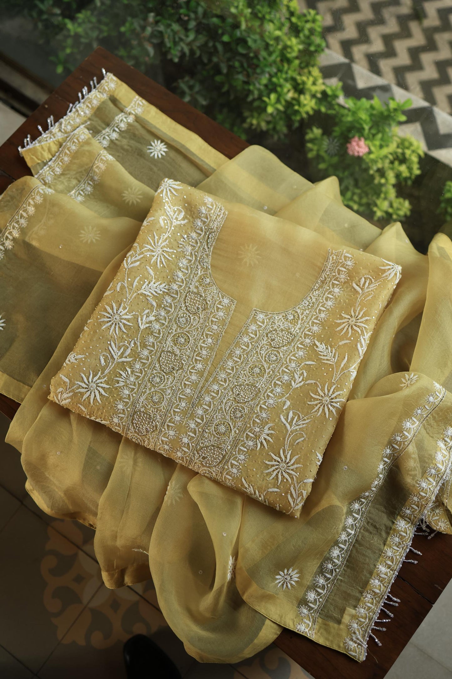Camel Yellow Noor Organza Banarasi Silk Chikankari Unstitched Kurta Dupatta Set