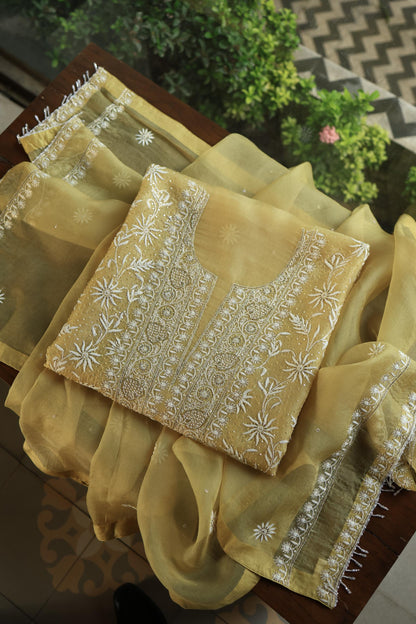 Camel Yellow Noor Organza Banarasi Silk Chikankari Unstitched Kurta Dupatta Set