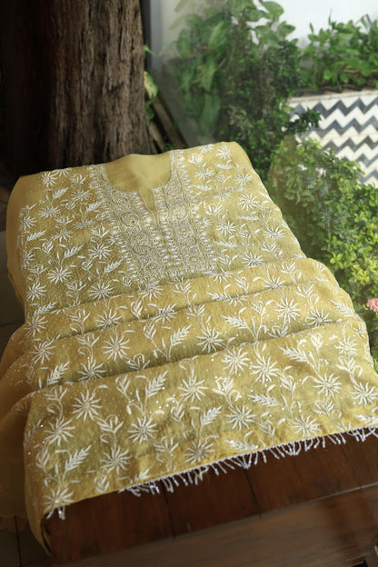 Camel Yellow Noor Organza Banarasi Silk Chikankari Unstitched Kurta Dupatta Set