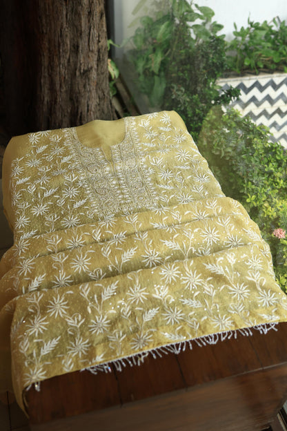 Camel Yellow Noor Organza Banarasi Silk Chikankari Unstitched Kurta Dupatta Set