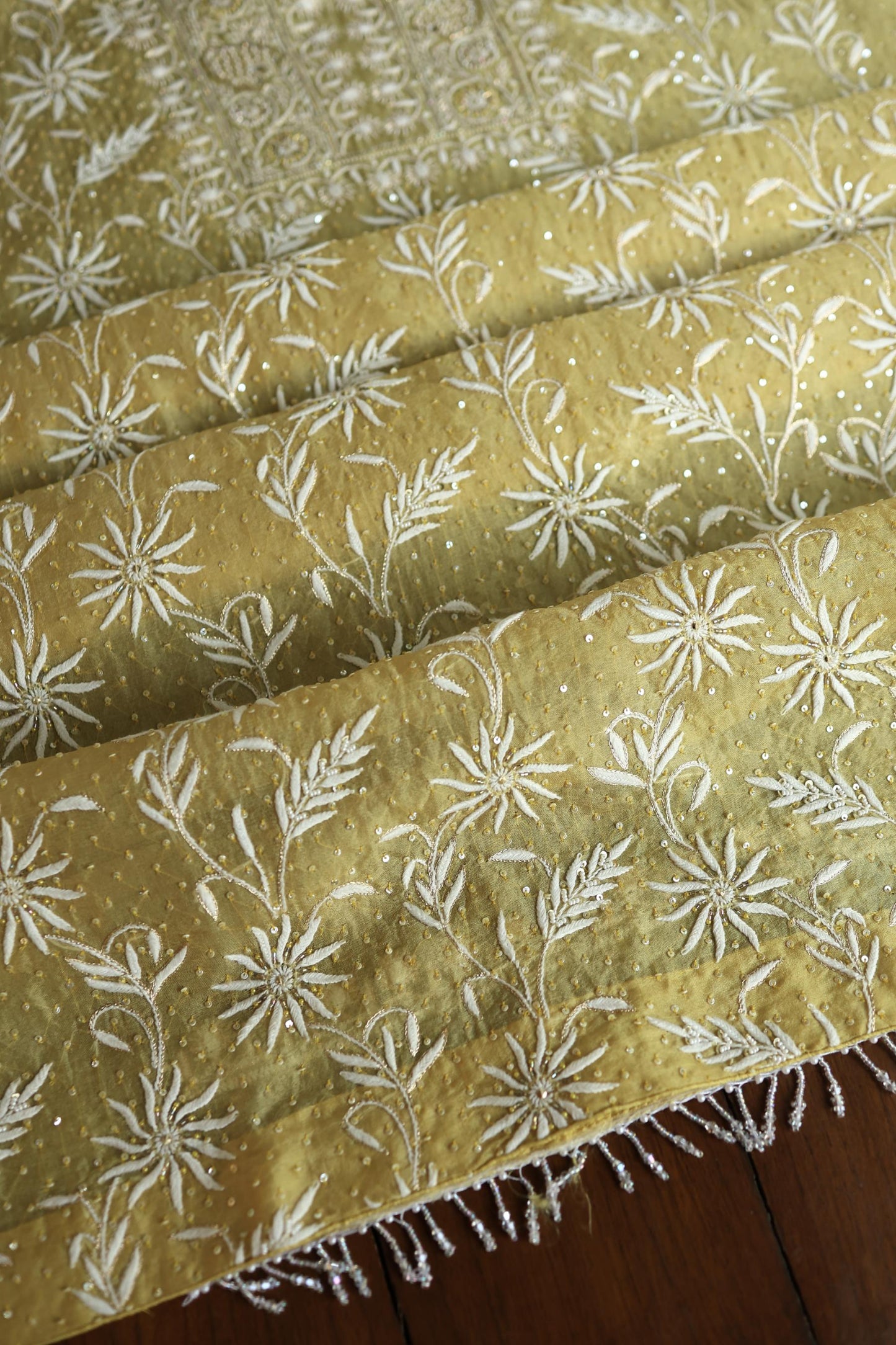 Camel Yellow Noor Organza Banarasi Silk Chikankari Unstitched Kurta Dupatta Set