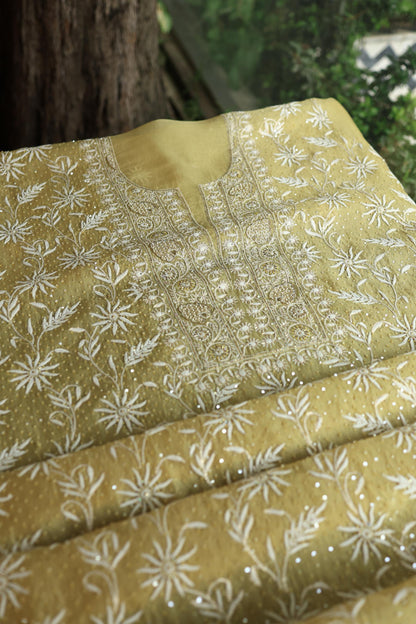 Camel Yellow Noor Organza Banarasi Silk Chikankari Unstitched Kurta Dupatta Set