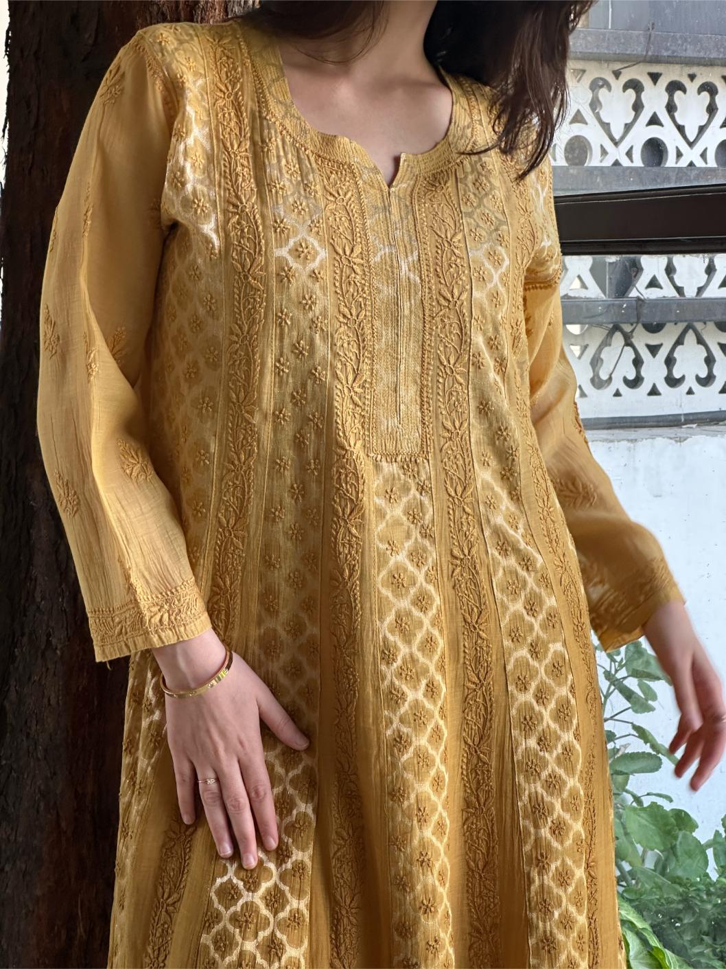 Camel Yellow Shade Zari Chanderi Chikankari A Line Kurta with Slip