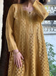 Camel Yellow Shade Zari Chanderi Chikankari A Line Kurta with Slip