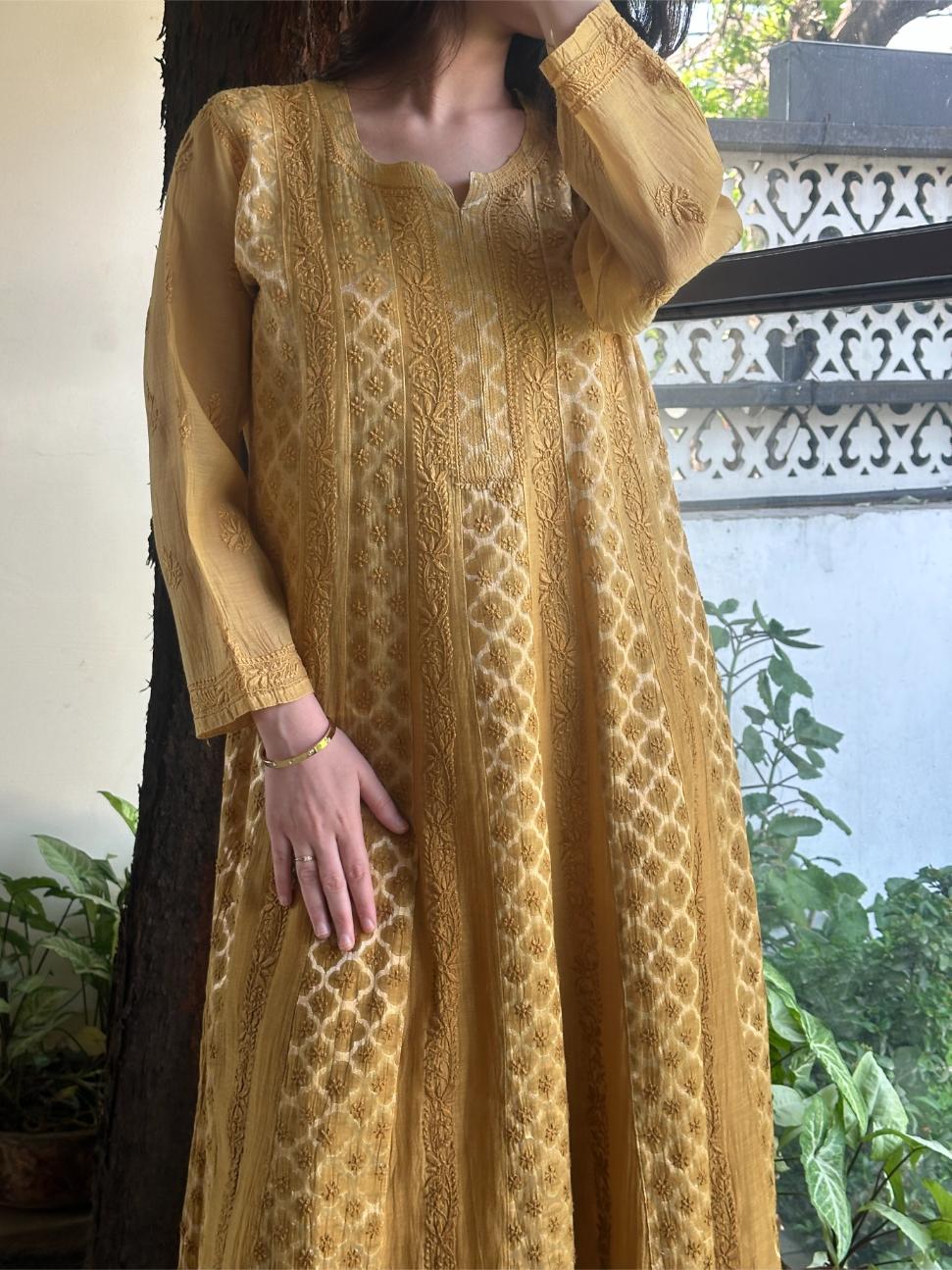 Camel Yellow Shade Zari Chanderi Chikankari A Line Kurta with Slip