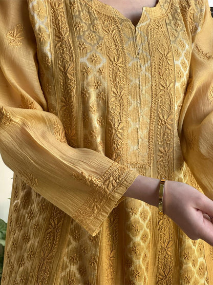 Camel Yellow Shade Zari Chanderi Chikankari A Line Kurta with Slip