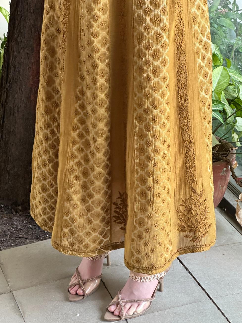 Camel Yellow Shade Zari Chanderi Chikankari A Line Kurta with Slip