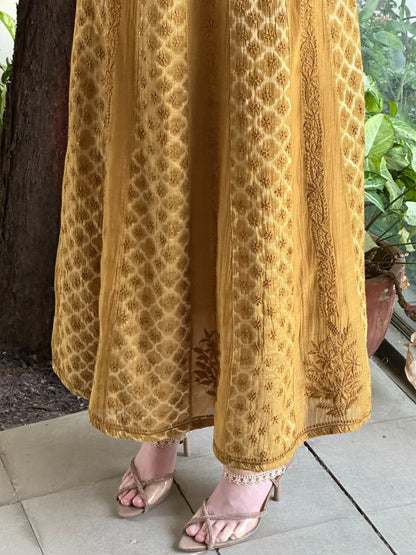 Camel Yellow Shade Zari Chanderi Chikankari A Line Kurta with Slip