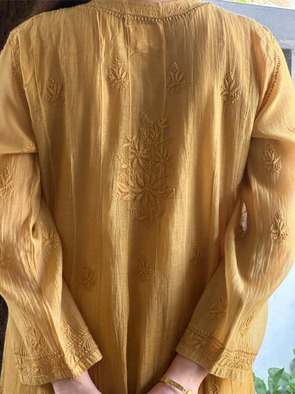 Camel Yellow Shade Zari Chanderi Chikankari A Line Kurta with Slip