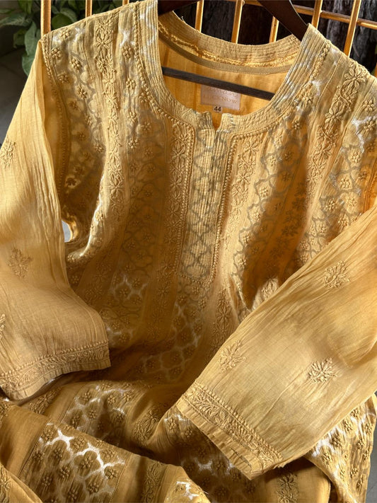Camel Yellow Shade Zari Chanderi Chikankari Ready to Wear Tunics