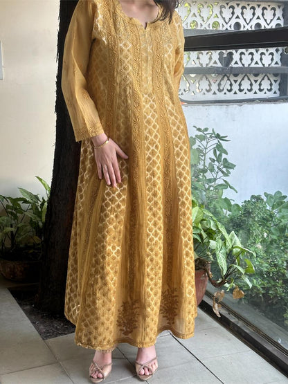 Camel Yellow Shade Zari Chanderi Chikankari A Line Kurta with Slip