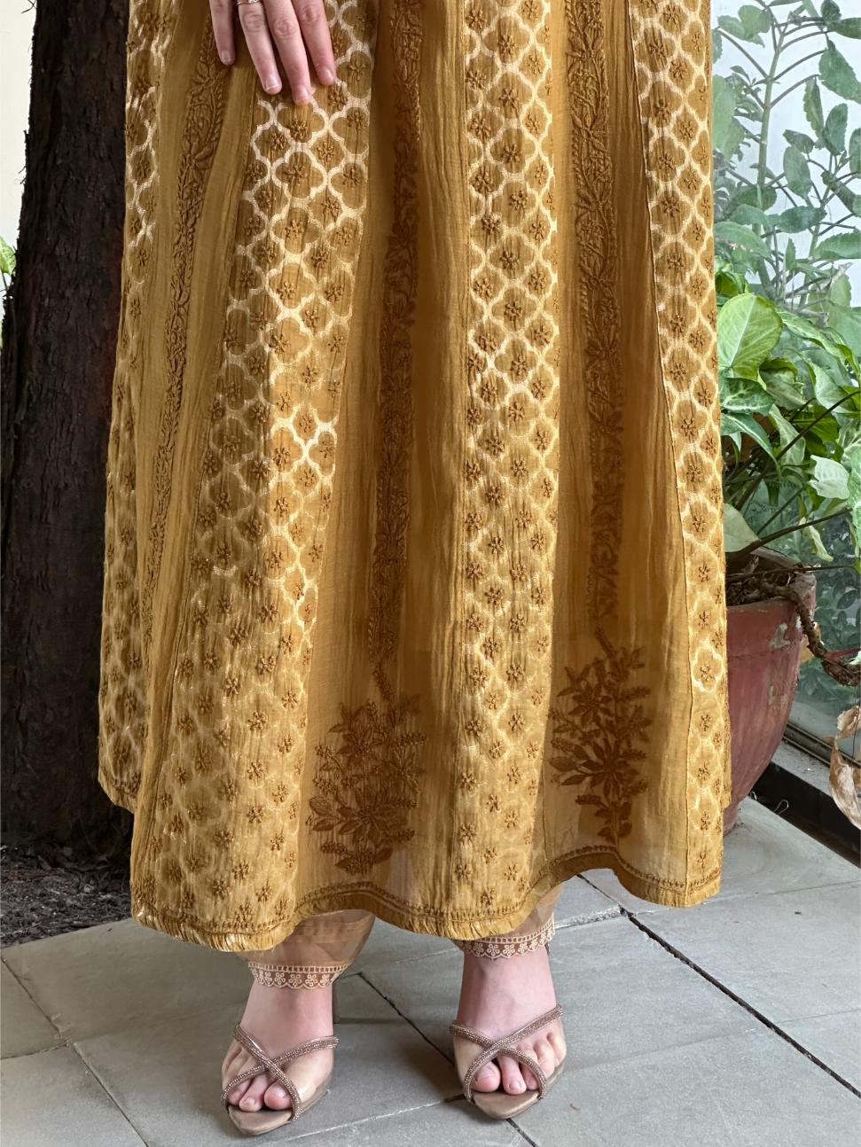 Camel Yellow Shade Zari Chanderi Chikankari A Line Kurta with Slip