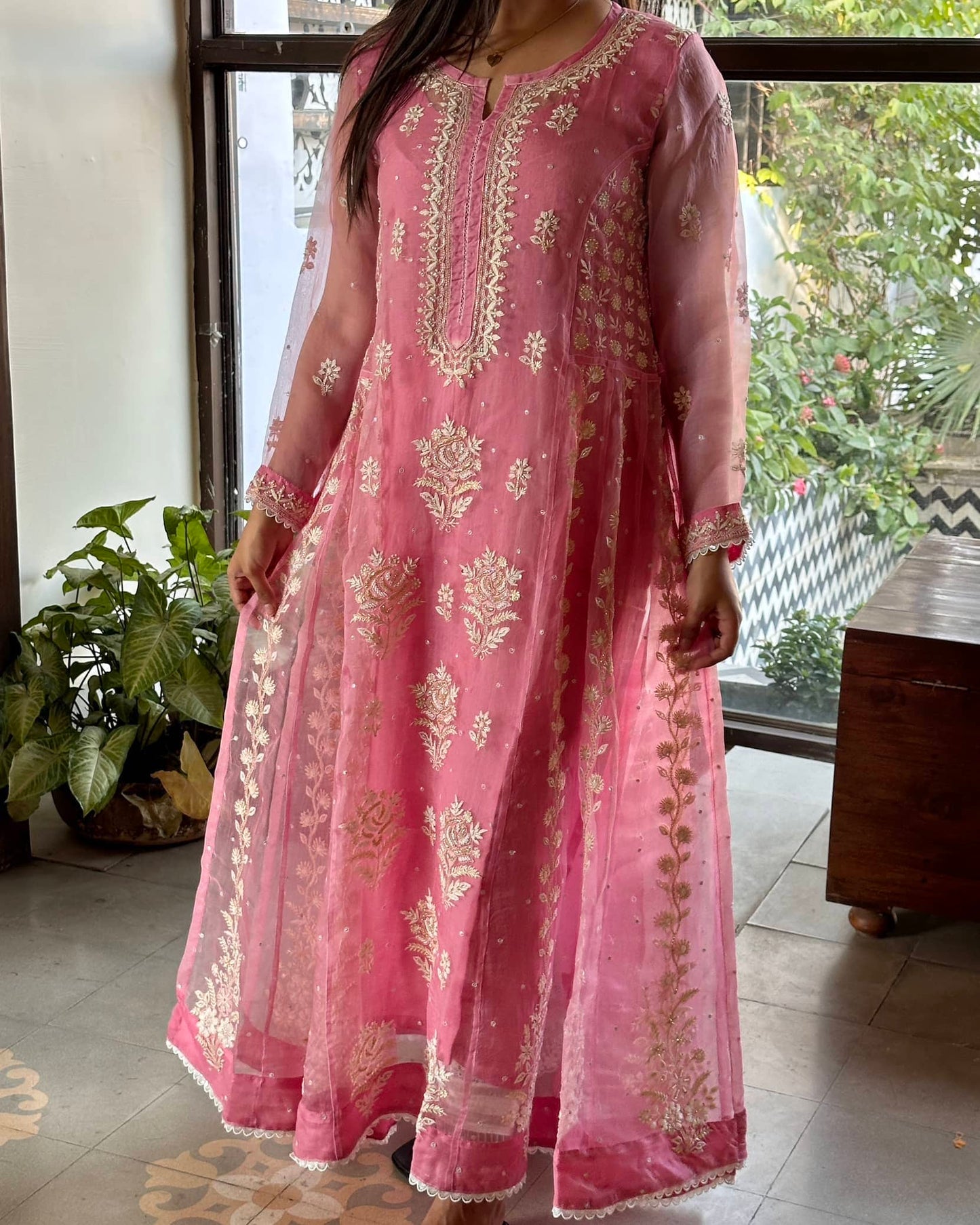 Candy Pink Noor Organza Chikankari Anarkali With Dupatta