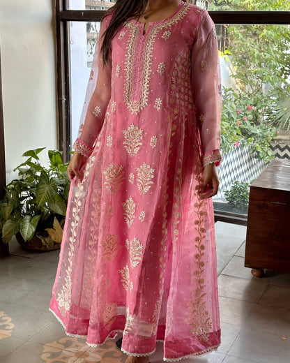 Candy Pink Noor Organza Chikankari Anarkali With Dupatta