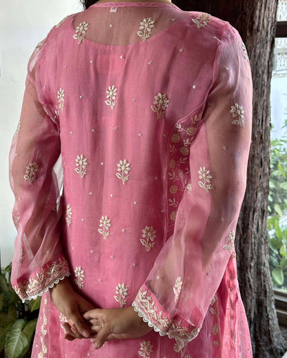 Candy Pink Noor Organza Chikankari Anarkali With Dupatta