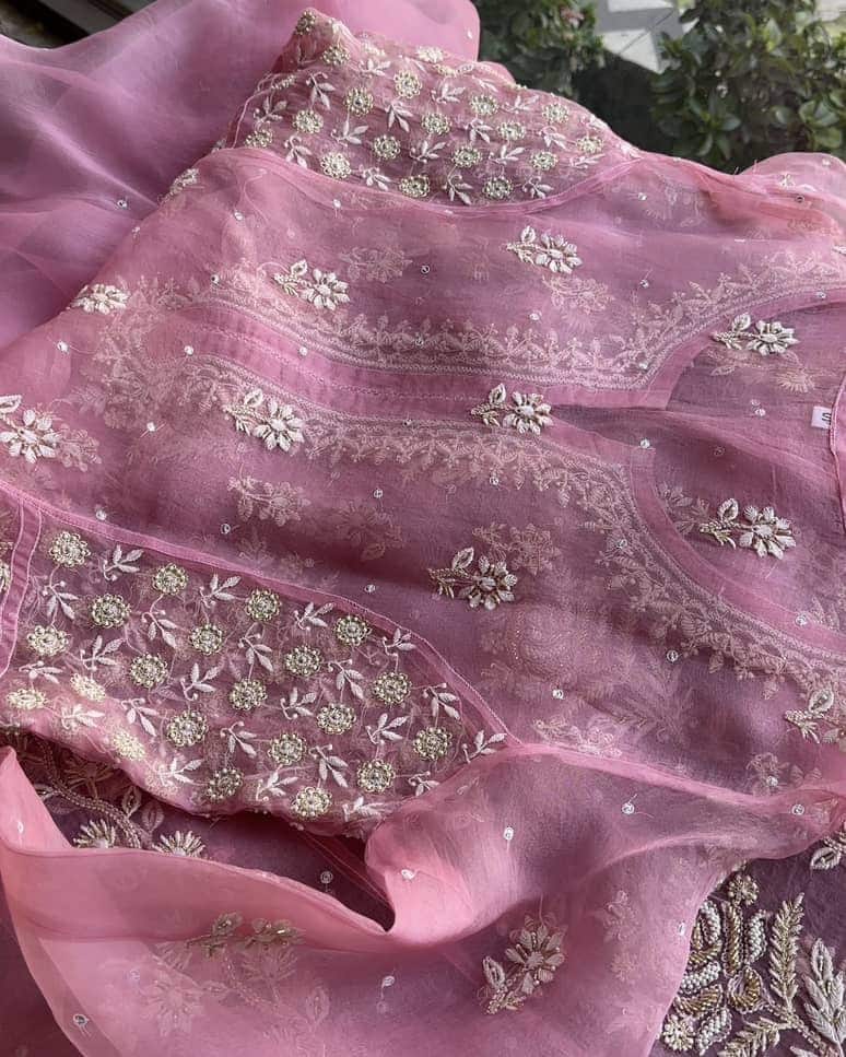 Candy Pink Noor Organza Chikankari Anarkali With Dupatta