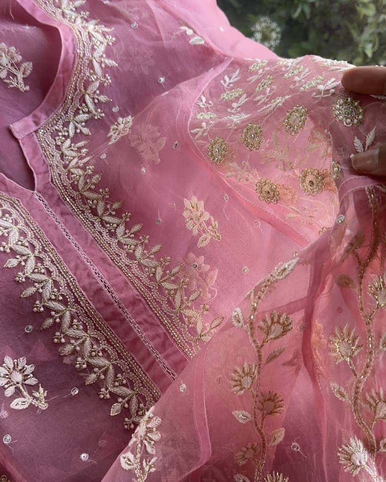 Candy Pink Noor Organza Chikankari Anarkali With Dupatta
