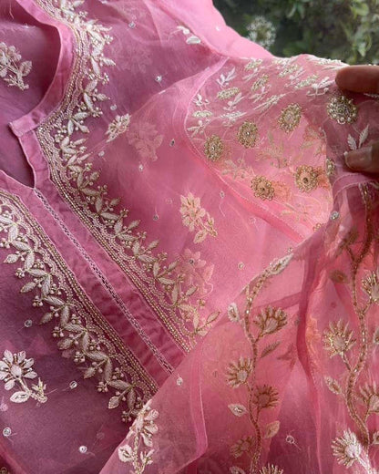 Candy Pink Noor Organza Chikankari Anarkali With Dupatta