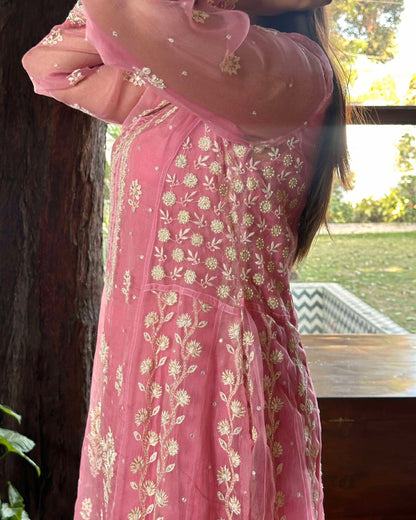 Candy Pink Noor Organza Chikankari Anarkali With Dupatta