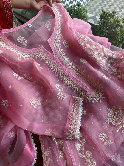 Candy Pink Noor Organza Chikankari Anarkali With Dupatta