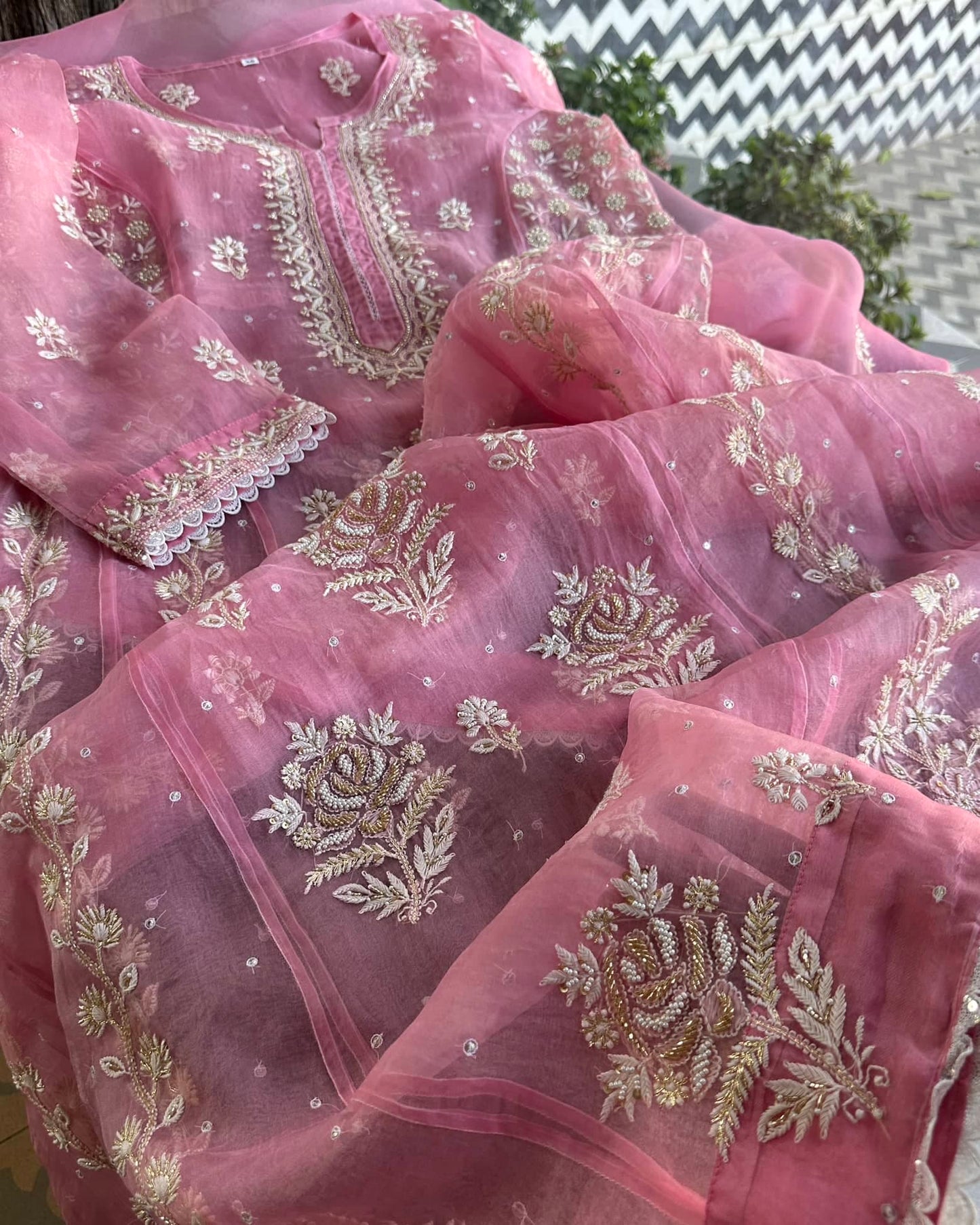 Candy Pink Noor Organza Chikankari Anarkali With Dupatta