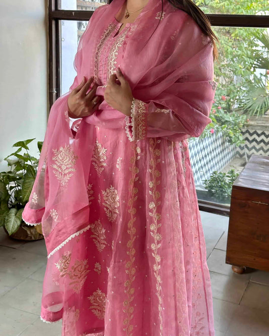 Candy Pink Noor Organza Chikankari Anarkali With Dupatta