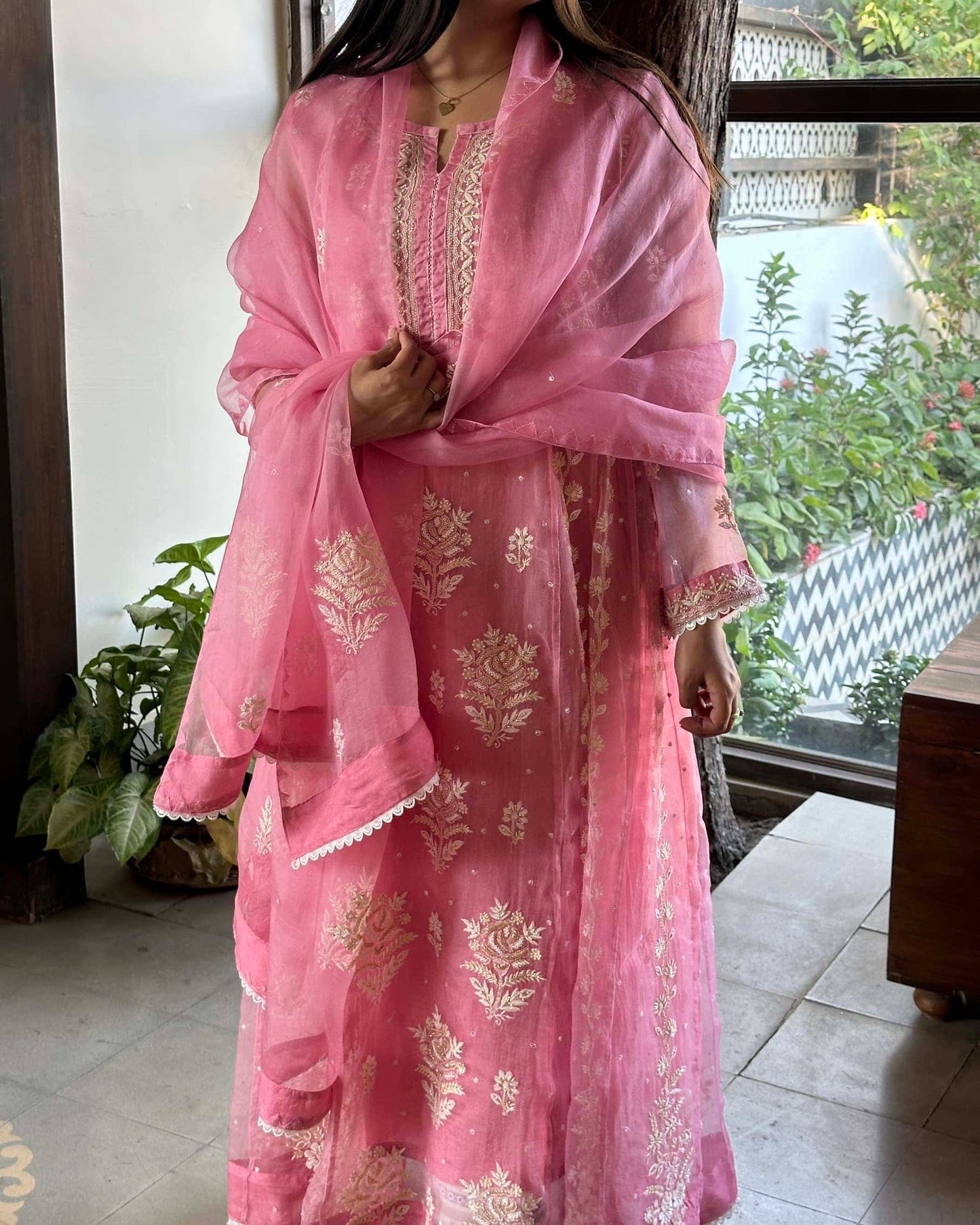 Candy Pink Noor Organza Chikankari Anarkali With Dupatta