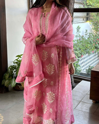 Candy Pink Noor Organza Chikankari Anarkali With Dupatta