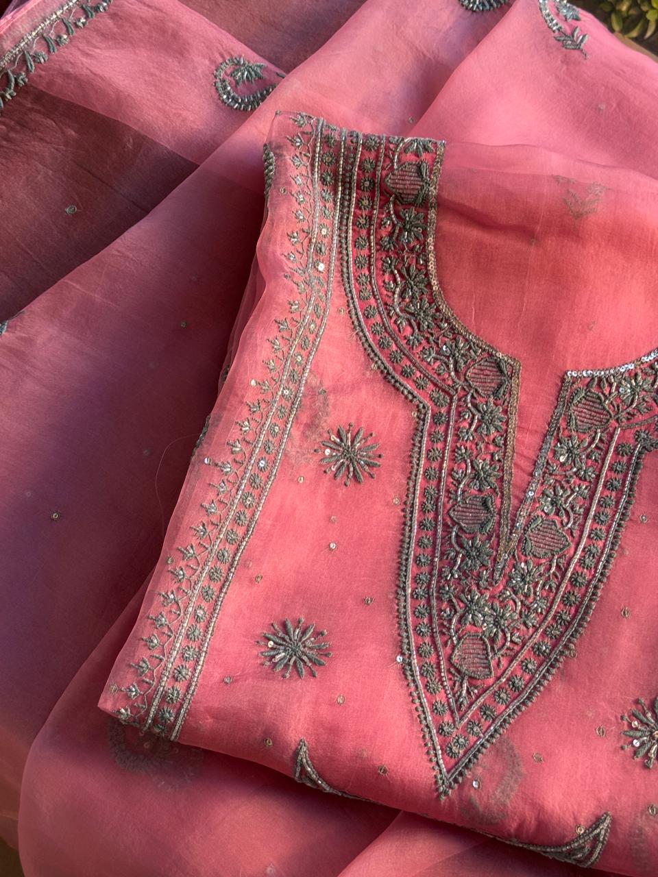 Candy Pink Shade Noor Organza Silk Chikankari Unstitched Fabric