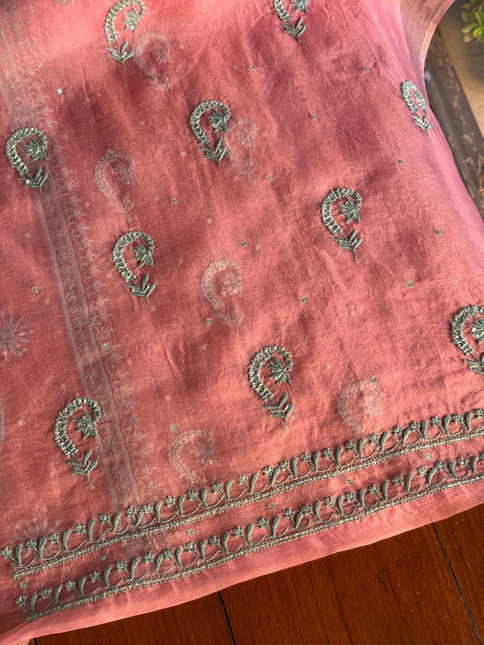 Candy Pink Shade Noor Organza Silk Chikankari Unstitched Fabric