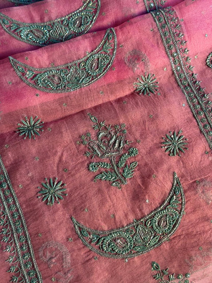 Candy Pink Shade Noor Organza Silk Chikankari Unstitched Fabric