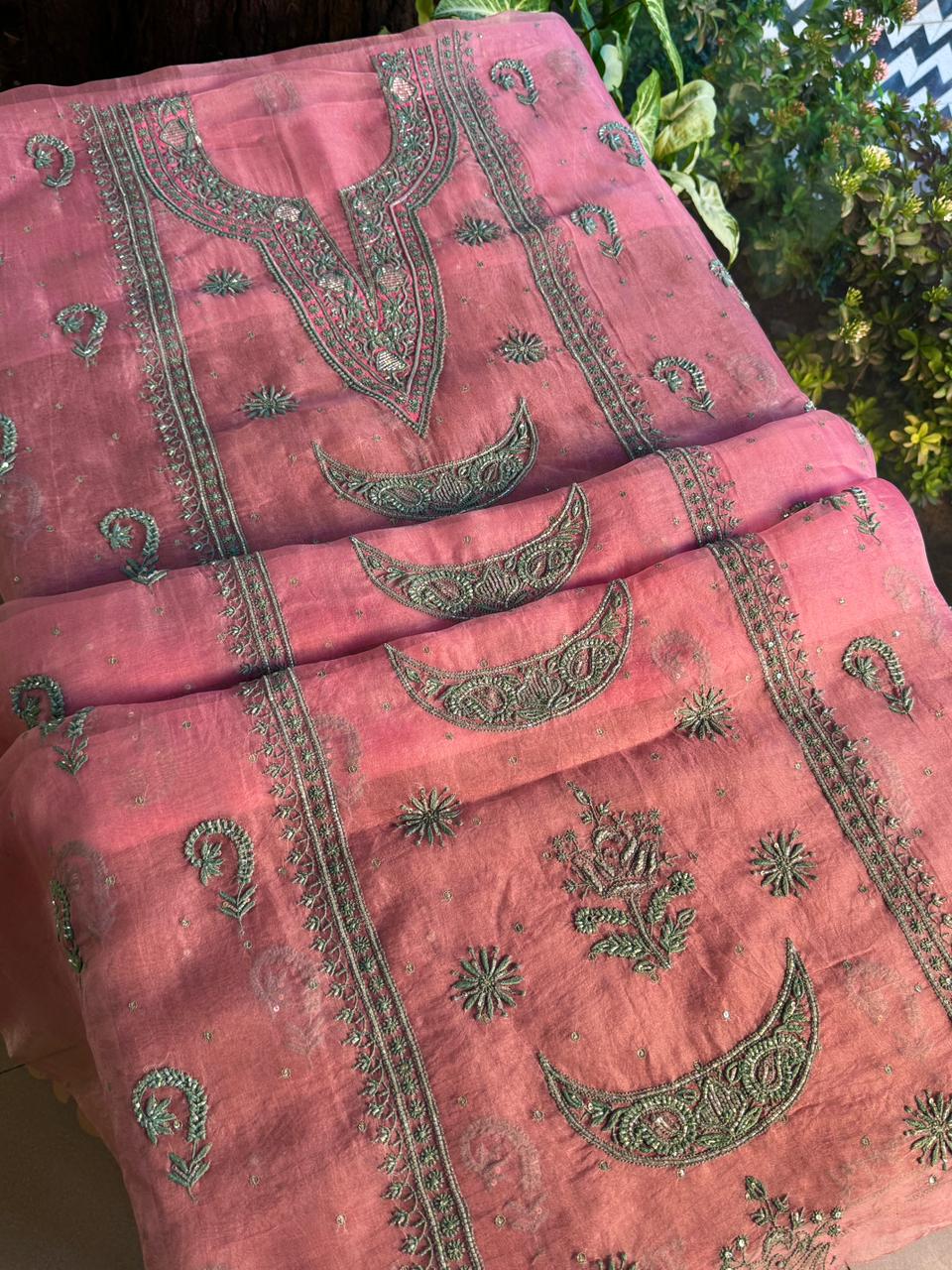 Candy Pink Shade Noor Organza Silk Chikankari Unstitched Fabric