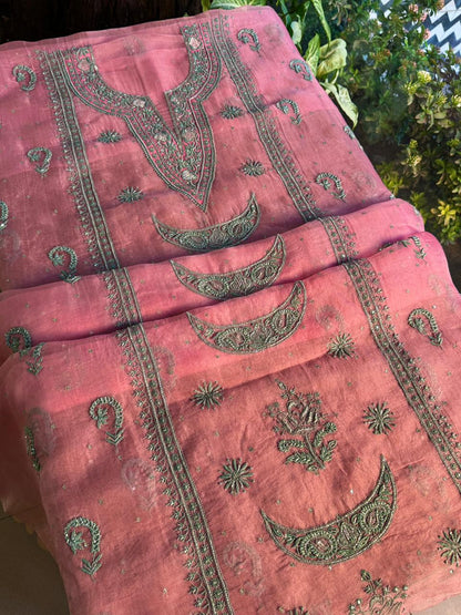 Candy Pink Shade Noor Organza Silk Chikankari Unstitched Fabric